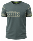 A dark gray-green short-sleeve t-shirt with a chest pocket and a horizontal patterned band across the chest and sleeves. The band features a repeating New Zealand kiwi motif and the text 'AUSTRIA - NEW ZEALAND'.
