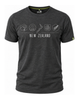A dark heather gray short-sleeve t-shirt with a white graphic print on the chest showing four icons and the text 'NEW ZEALAND'. The brand 'Wildland' is visible on the inner neck label and a small tag on the sleeve.
