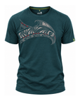 A dark teal short-sleeve t-shirt with a white and red Polynesian-inspired wave graphic across the chest, displayed on a clean white background.