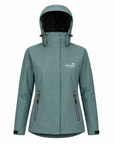 A women's hooded outdoor jacket in a muted sage green color, featuring a black-lined hood, two vertical zippered pockets, and a white 'wild kind' logo on the left chest, shown against a plain white background.