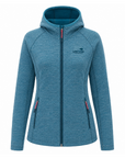 A women's full-zip hooded jacket in a heathered teal blue color, featuring a dark blue zipper, a small black 'The North Face' logo on the left chest, and red accent details on the zipper pulls.