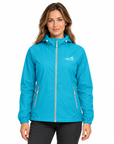 A woman wearing a bright turquoise blue hooded jacket with a full front zipper, zippered hand pockets, and a white 'Wild Apple' logo on the left chest, photographed against a plain white background.