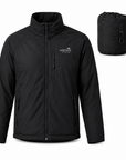A black zip-front jacket with a stand collar and a small white 'wild kiwi' logo on the left chest, shown alongside its matching black drawstring storage pouch on a white background.