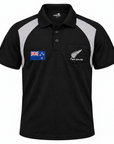 A black short-sleeve polo shirt with light grey shoulder panels and a white New Zealand fern logo on the chest pocket, shown on a plain white background.