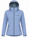 A women's hooded softshell jacket in a heathered light blue color, featuring a full-length front zipper, zippered hand pockets, and a visible 'wild beast' brand logo on the left chest.