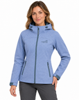 A woman modelling a heathered light blue hooded jacket with a full front zipper, zippered hand pockets, and a visible West Elm logo on the left chest, against a plain white background.