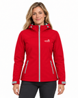 A woman wearing a bright red hooded jacket with a silver zipper and a white 'Wild Apple Tree Club' logo on the left chest, paired with black pants, against a plain white background.