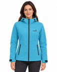 A woman wearing a bright turquoise blue hooded softshell jacket with black zipper details and a visible Wild River Designs logo on the left chest, photographed against a plain white background.
