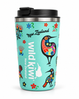 A mint green New Zealand travel tumbler with a black lid, decorated with colourful wild kiwi birds, flowers, and the text 'Wild Kiwi New Zealand'.