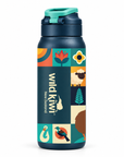 A dark teal insulated water bottle with a matching teal flip-top lid, featuring a colourful New Zealand-themed graphic label with illustrations of a kiwi bird, sheep, fern, and other local motifs. The brand 'Wild Kiwi New Zealand' is printed vertically on the front.