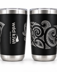 Two black insulated travel tumblers with silver stainless steel rims and bases, shown from the front and side to display the Polynesian wave pattern. An inset at the top shows the clear lid with a flip-up straw.