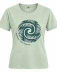 A light sage green short-sleeve t-shirt with a large dark green and white fern spiral graphic on the front, featuring the text 'Aoraea - New Zealand' and a 'KIWI PLANET' brand label inside the collar.