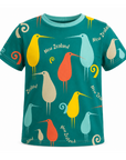 A short-sleeve kids' t-shirt in teal green, featuring a colorful pattern of New Zealand kiwi birds in yellow, orange, light blue, and beige, with 'New Zealand' text and swirl motifs.