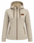 A women's zip-up hooded jacket featuring a beige and brown gingham check pattern, a beige hood lining, and a small brown brand patch on the left chest.