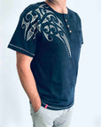 men's navy grandpa t-shirt wth maori design - kia-kaha new zealand