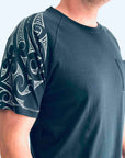 men's teal raglan sleeve new zealand t-shirt wth maori design shoulder print - kia-kaha nz