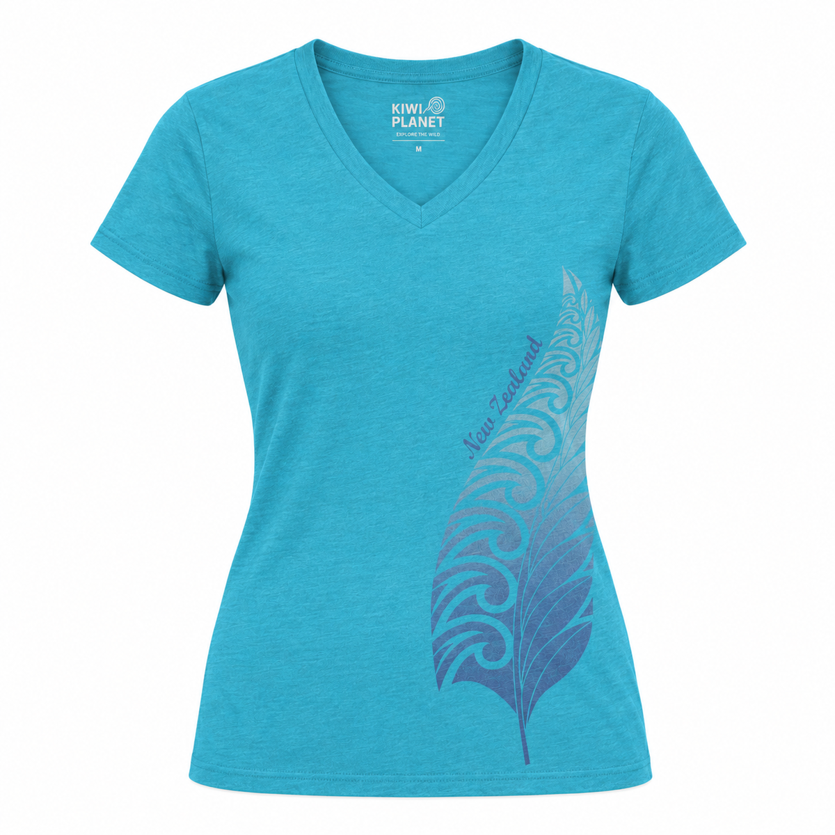 A women's short-sleeve V-neck t-shirt in heathered turquoise blue, featuring a large blue Maori-style feather graphic with 'Kiwi Zealand' text printed on the front.