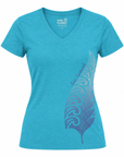 A women's short-sleeve V-neck t-shirt in heathered turquoise blue, featuring a large blue Maori-style feather graphic with 'Kiwi Zealand' text printed on the front.