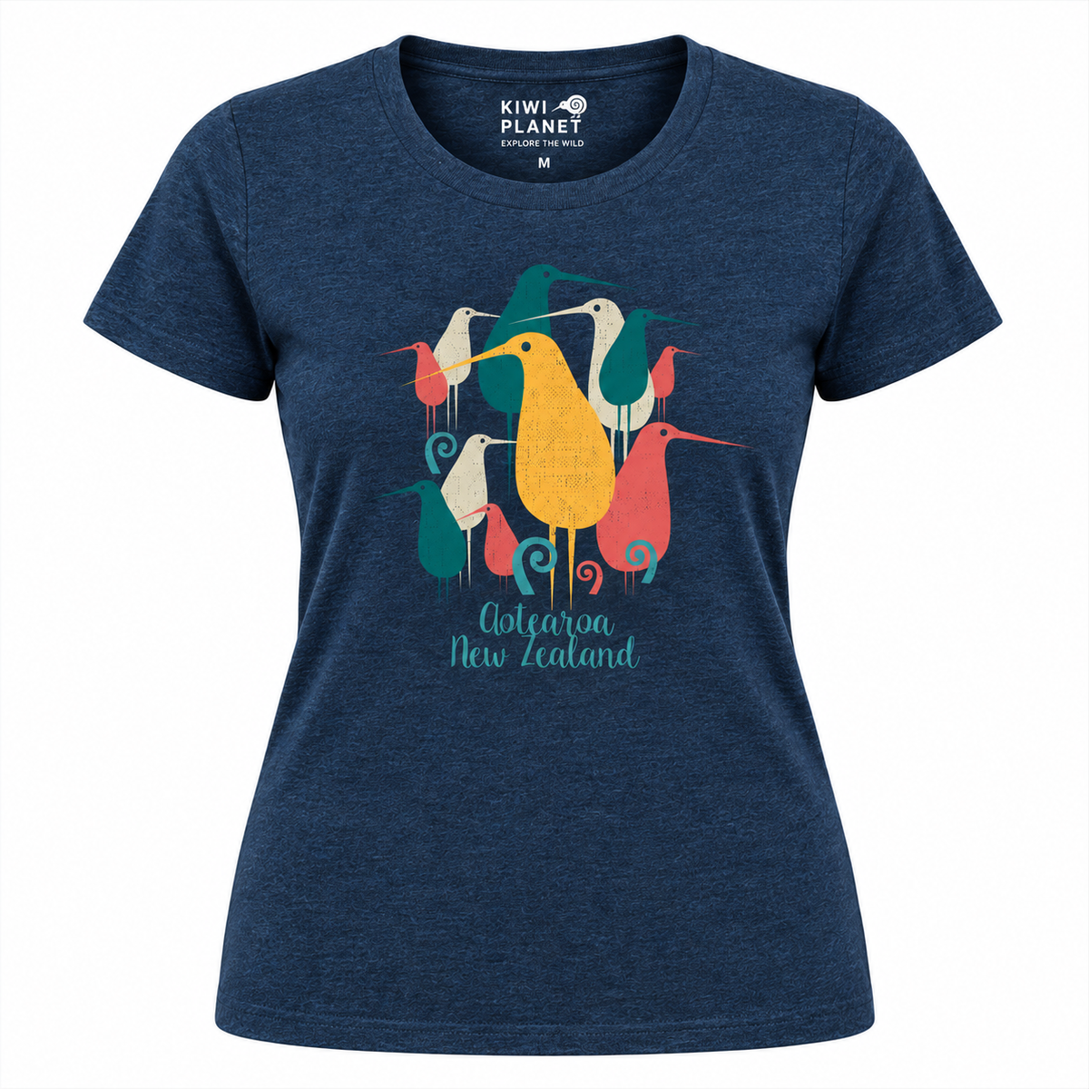 A women's heather navy blue short-sleeve t-shirt with a colorful graphic of New Zealand cranes and the text 'Aotearoa New Zealand' on the front. The brand 'KIWI PLANET' is visible on the inner neck label.