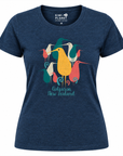 A women's heather navy blue short-sleeve t-shirt with a colorful graphic of New Zealand cranes and the text 'Aotearoa New Zealand' on the front. The brand 'KIWI PLANET' is visible on the inner neck label.