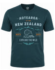 A dark teal short-sleeve t-shirt with a New Zealand graphic print featuring a kiwi bird, mountains, and the text 'AOTEAROA NEW ZEALAND' and 'EXPLORE THE WILD'.