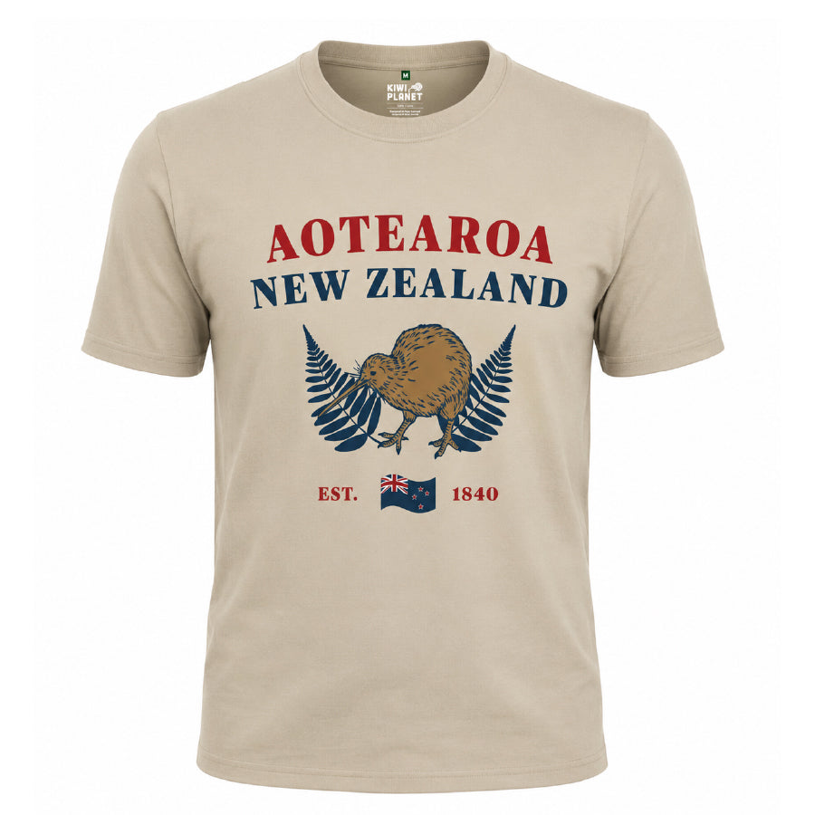 Mens New Zealand T Shirt - Embroidered Kiwi/Flag