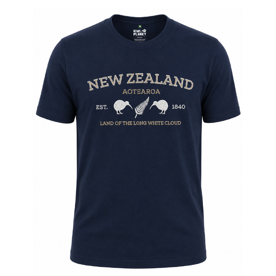 Mens New Zealand T Shirt - Embroidered Fern/Kiwi