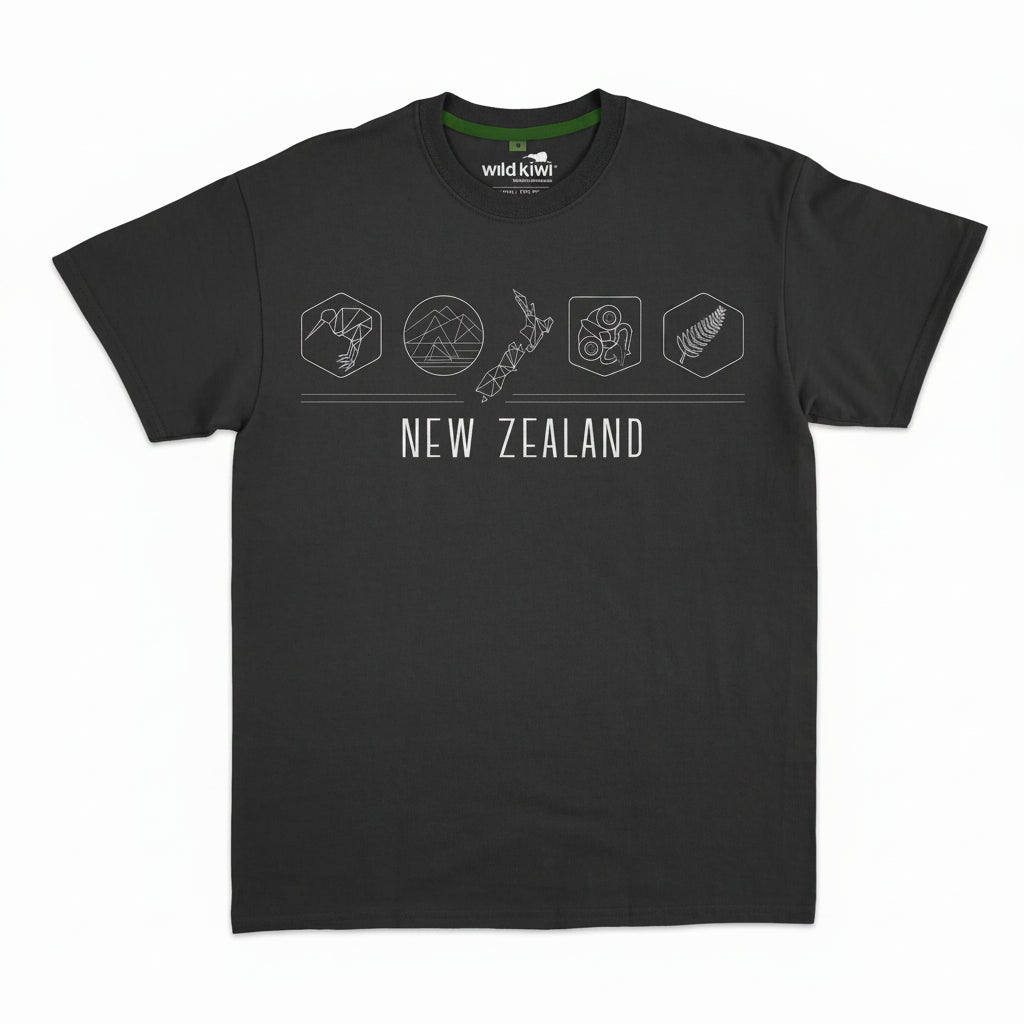 A charcoal crew neck T-shirt with embroidered New Zealand icons, including a kiwi, mountains, map, tiki, and silver fern, across the chest.