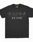 A charcoal crew neck T-shirt with embroidered New Zealand icons, including a kiwi, mountains, map, tiki, and silver fern, across the chest.