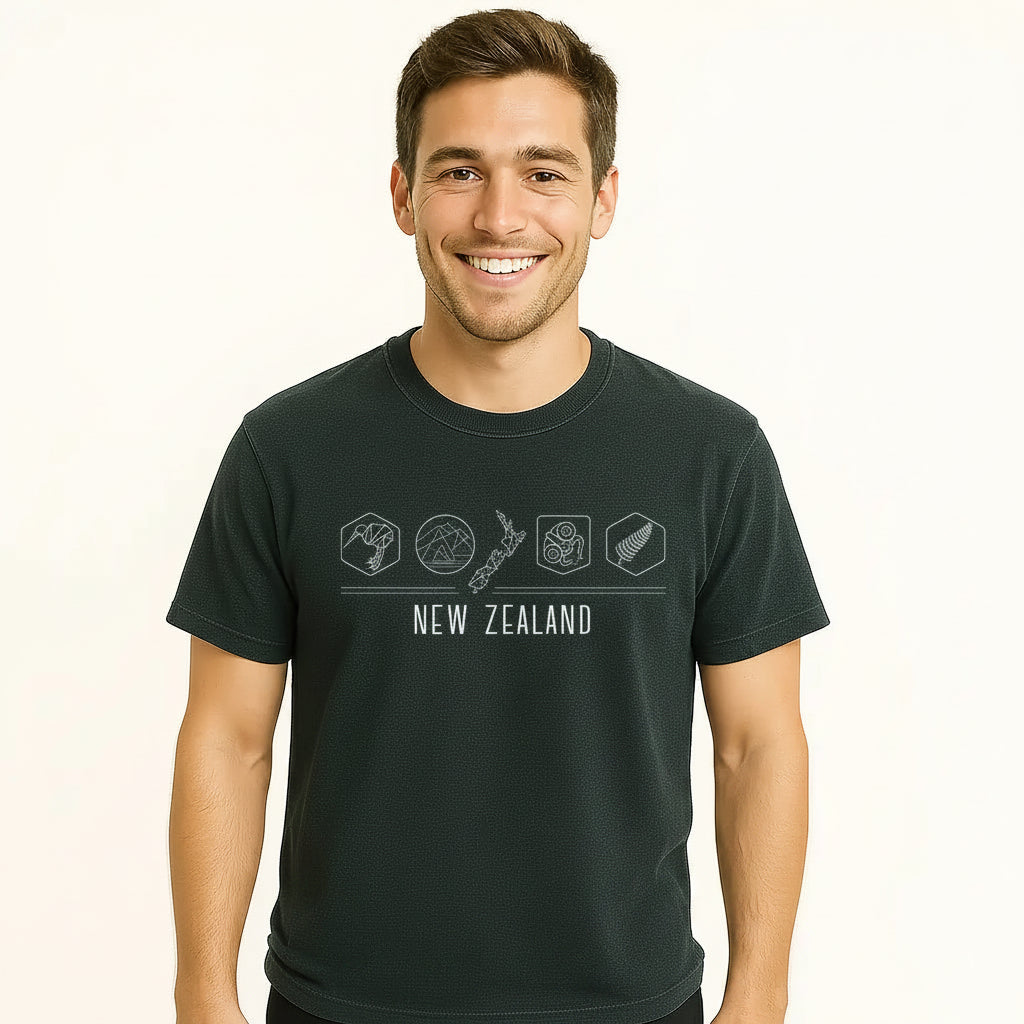 Man wearing a dark charcoal t-shirt with a design on a white background