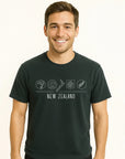 Man wearing a dark charcoal t-shirt with a design on a white background
