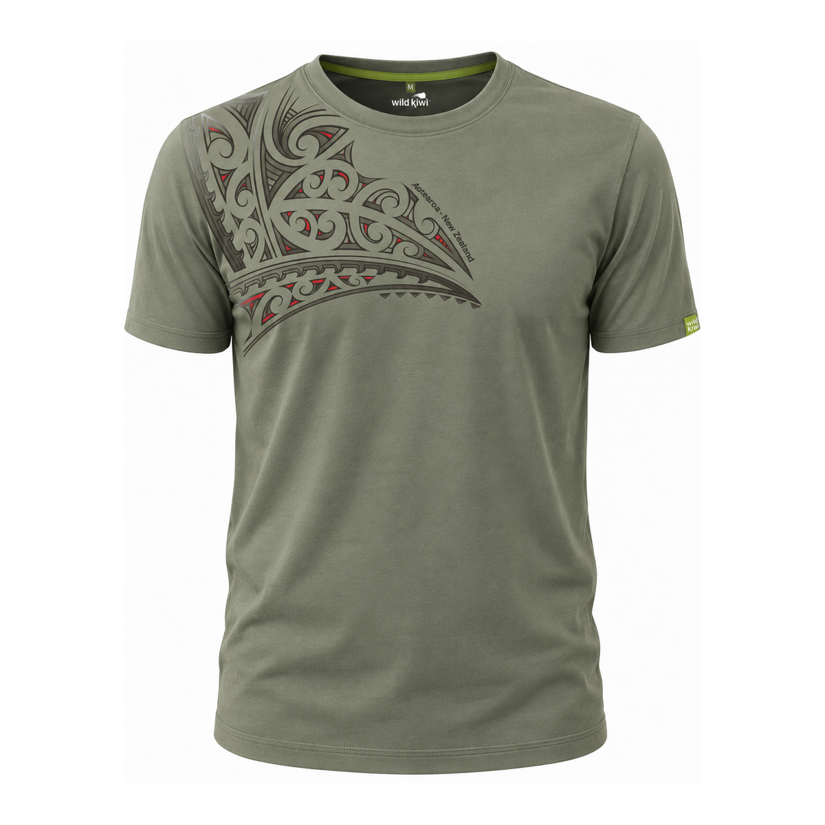 An olive green short-sleeve t-shirt with a large Polynesian tribal graphic printed on the left chest in black, gray, and red. The brand 'Wildcraft' is visible on the inner neck label.