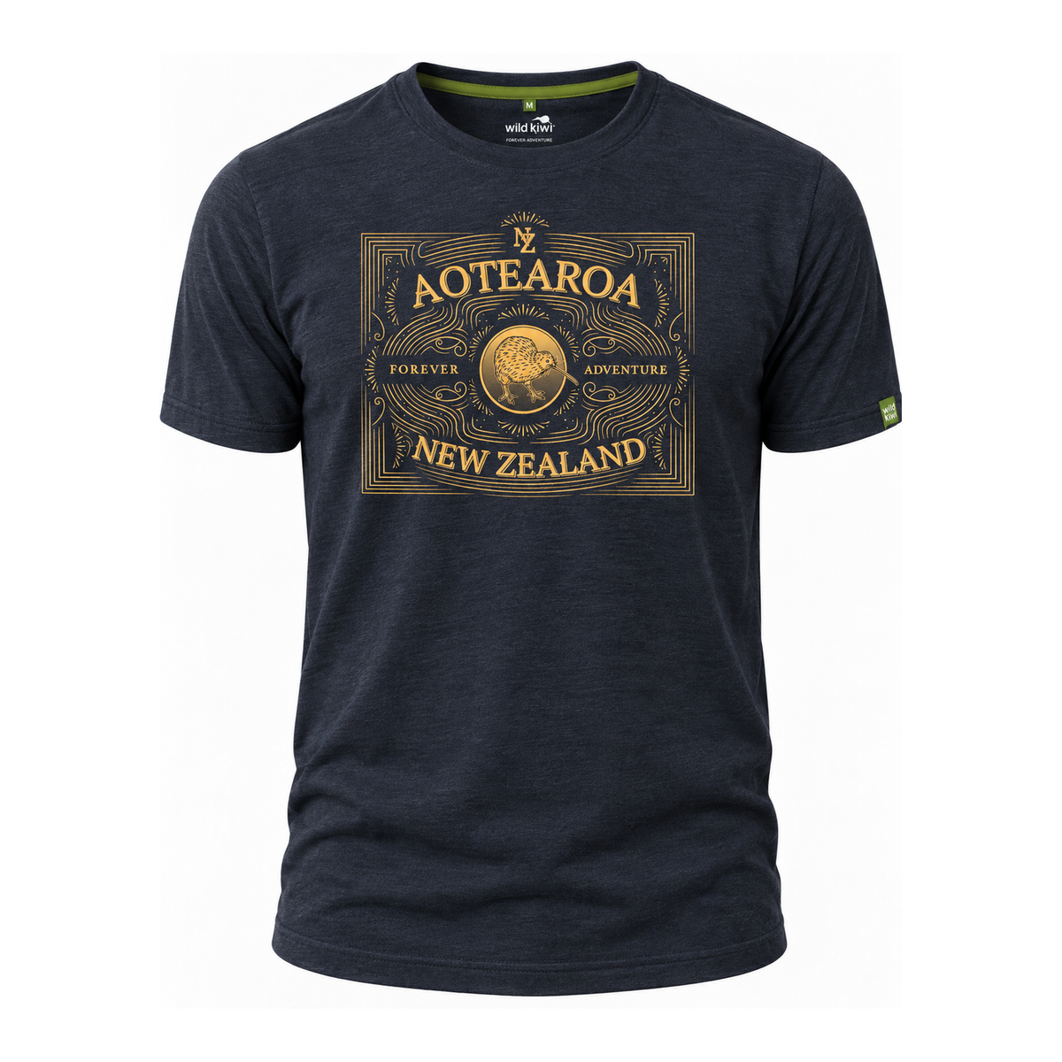 A dark navy blue heathered t-shirt with a gold graphic print on the front reading 'AOTEAROA NEW ZEALAND' around a central globe emblem, shown on a plain white background.