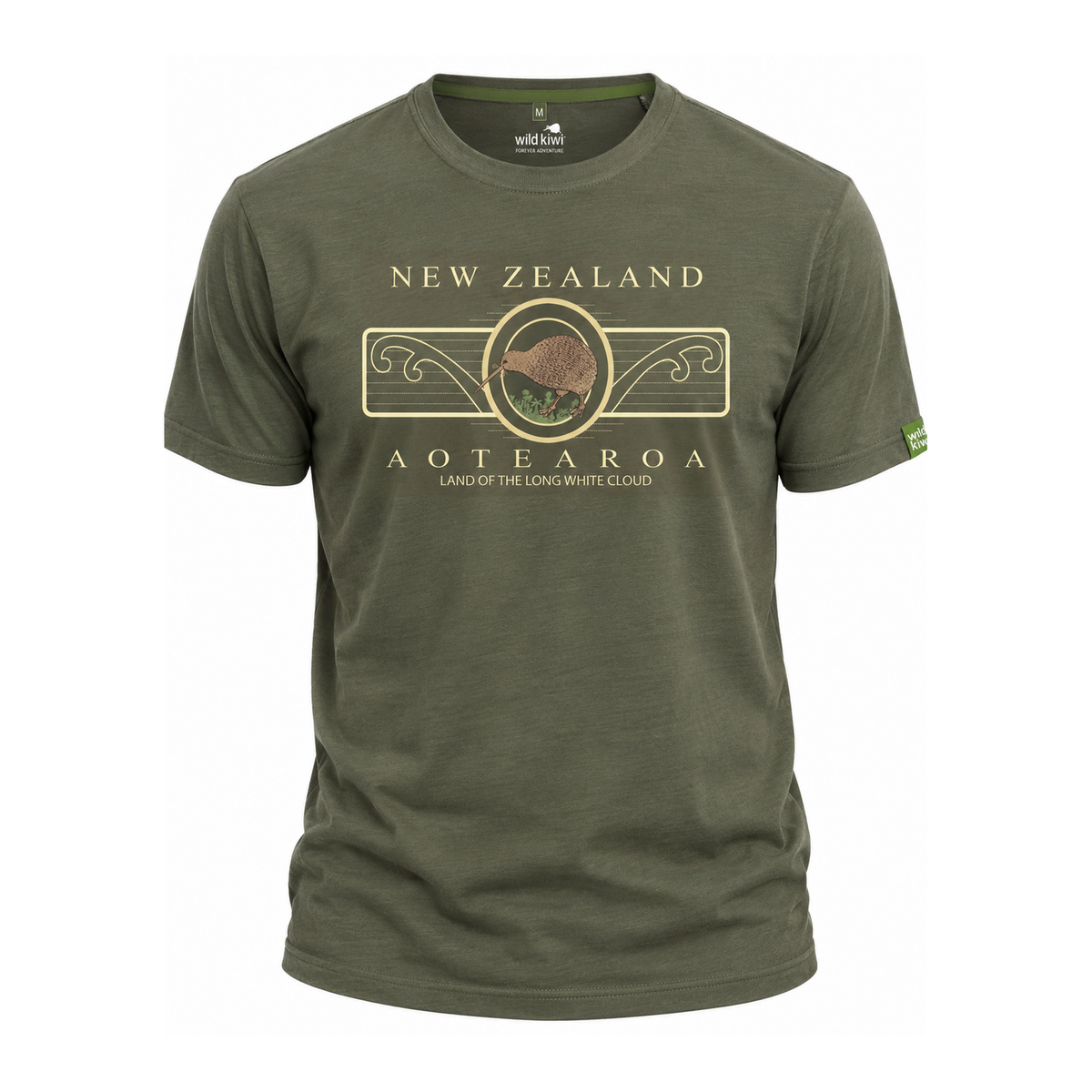 An olive green short-sleeve t-shirt featuring a New Zealand-themed graphic print on the front with the words 'NEW ZEALAND' and 'AOTEOA' in a gold-colored decorative font, along with a central emblem. The brand 'Wildfowl' is visible on the inner neck label.