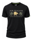A black short-sleeve crewneck t-shirt featuring a gold and white graphic print of a kiwi bird and the words 'NEW ZEALAND' and 'AOTEAROA - LAND OF THE LONG WHITE CLOUD' on the front.