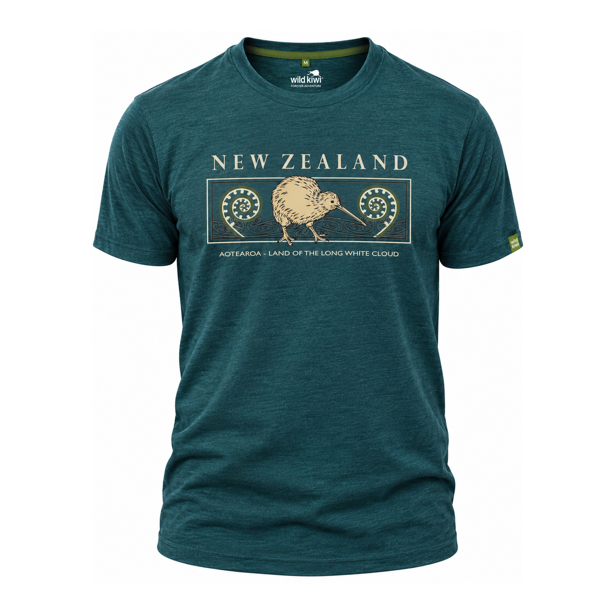 A dark teal heathered short-sleeve t-shirt with a graphic print on the front featuring a kiwi bird and the text 'NEW ZEALAND' and 'AOTEAROA - LAND OF THE LONG WHITE CLOUD'. The brand 'wishing' is visible on the inner neck label.