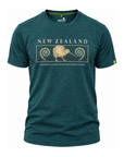 A dark teal heathered short-sleeve t-shirt with a graphic print on the front featuring a kiwi bird and the text 'NEW ZEALAND' and 'AOTEAROA - LAND OF THE LONG WHITE CLOUD'. The brand 'wishing' is visible on the inner neck label.