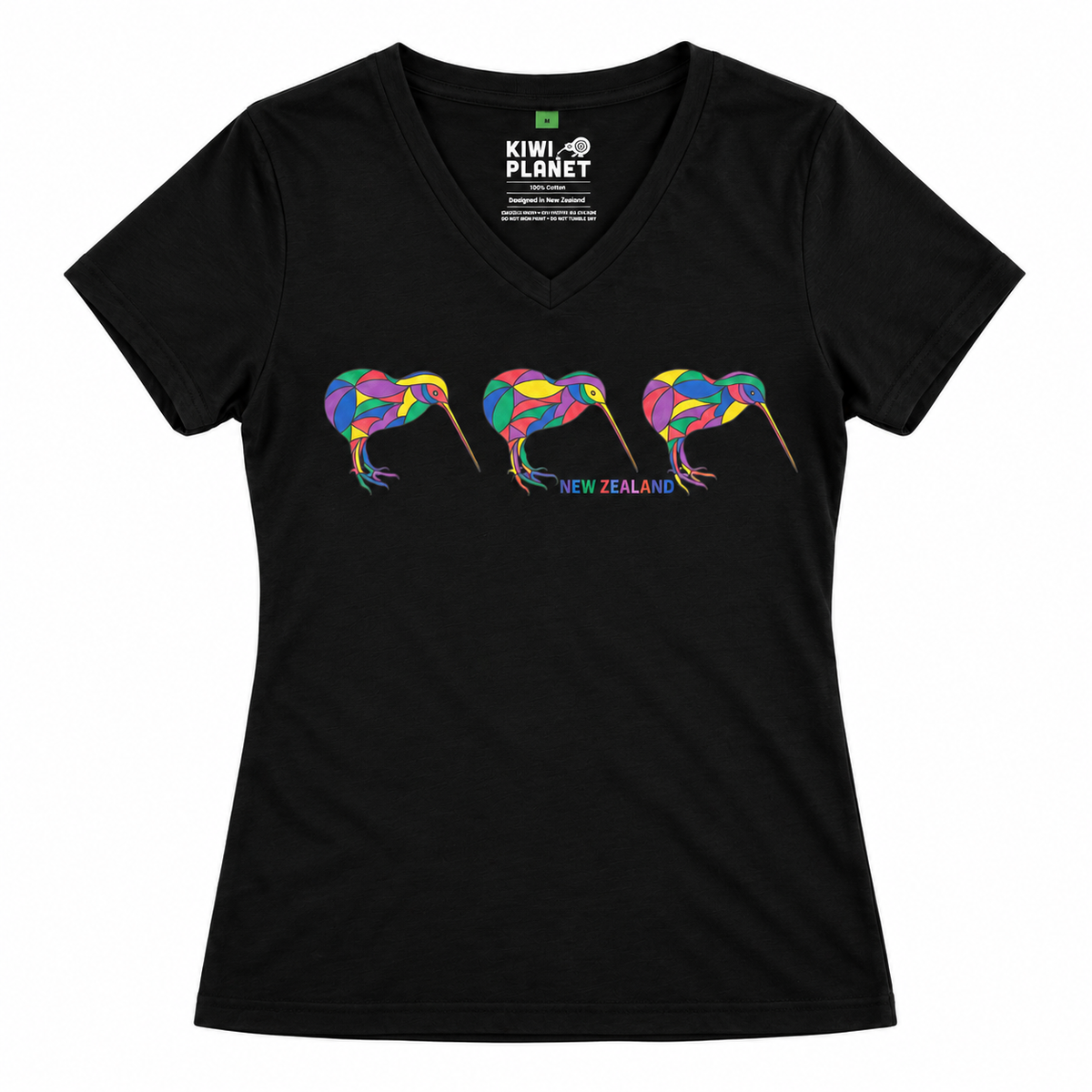 A black women's V-neck t-shirt by Kiwi Planet, featuring a graphic of three colorful kiwi birds in a mosaic pattern with 'NEW ZEALAND' printed below them. The shirt is displayed flat against a solid white background.