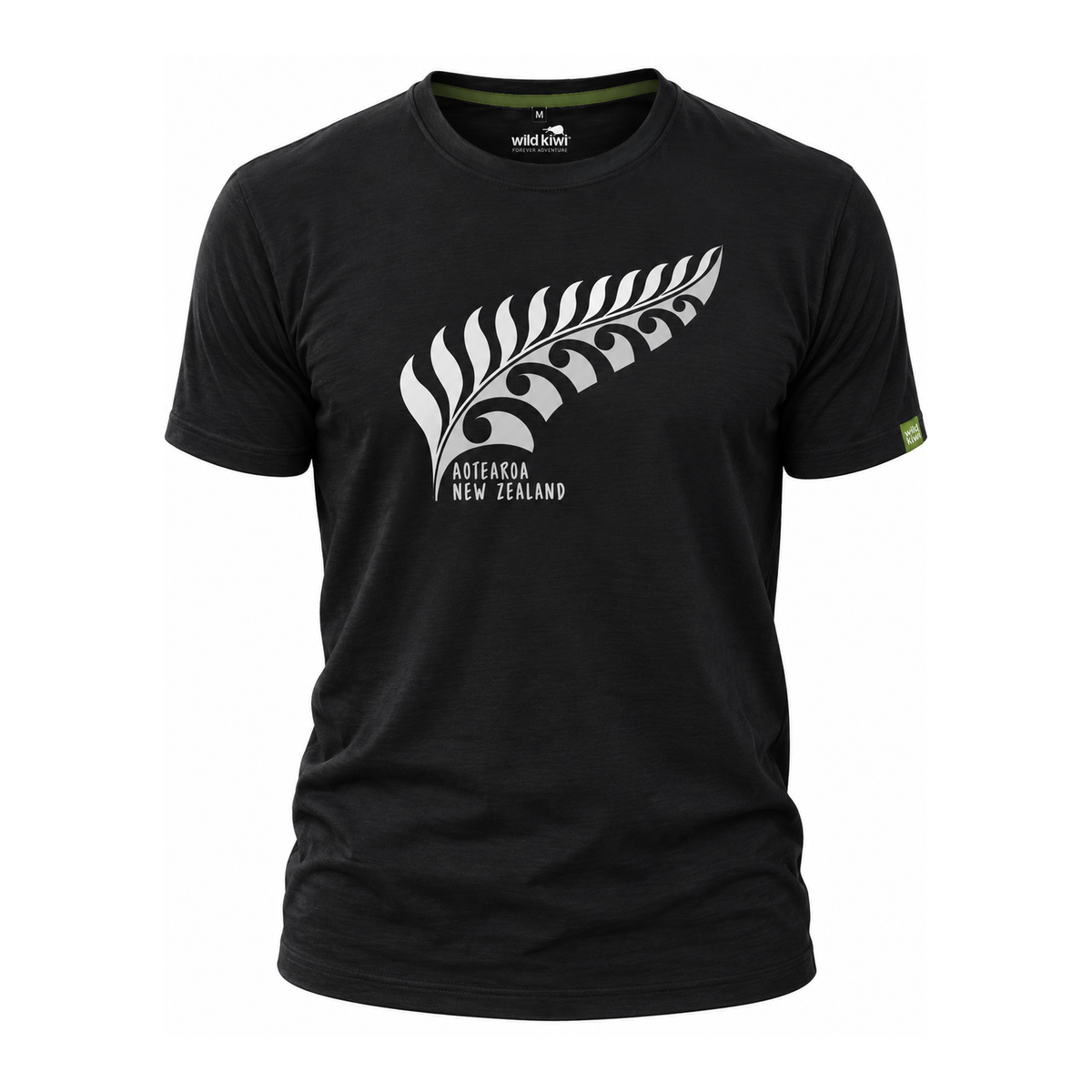 A black short-sleeve crewneck t-shirt featuring a large white silver fern graphic on the chest with 'Aotearoa New Zealand' printed below it. The brand 'Wildcraft' is visible on the inner neck label and there is a small green tag on the right sleeve.