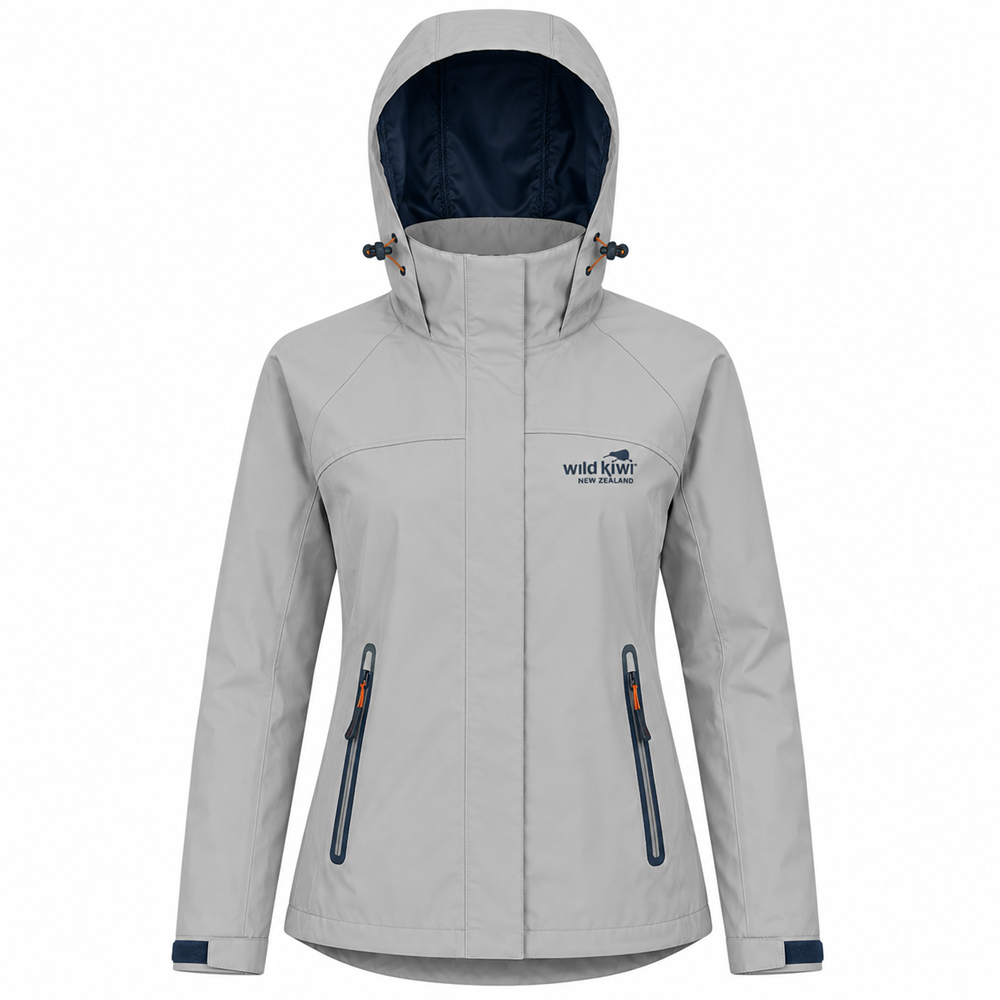 A light grey hooded jacket with a dark navy interior hood lining, featuring two vertical zippered pockets on the front with dark blue pulls and orange accents, and a 'wild kiwi' logo on the left chest.