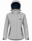 A light grey hooded jacket with a dark navy interior hood lining, featuring two vertical zippered pockets on the front with dark blue pulls and orange accents, and a 'wild kiwi' logo on the left chest.