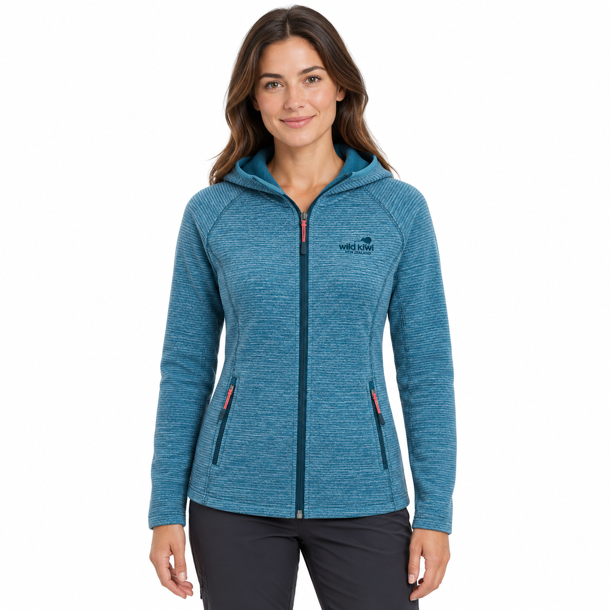 A woman modeling a heathered blue zip-up hoodie with a small embroidered logo on the left chest, set against a plain white background.