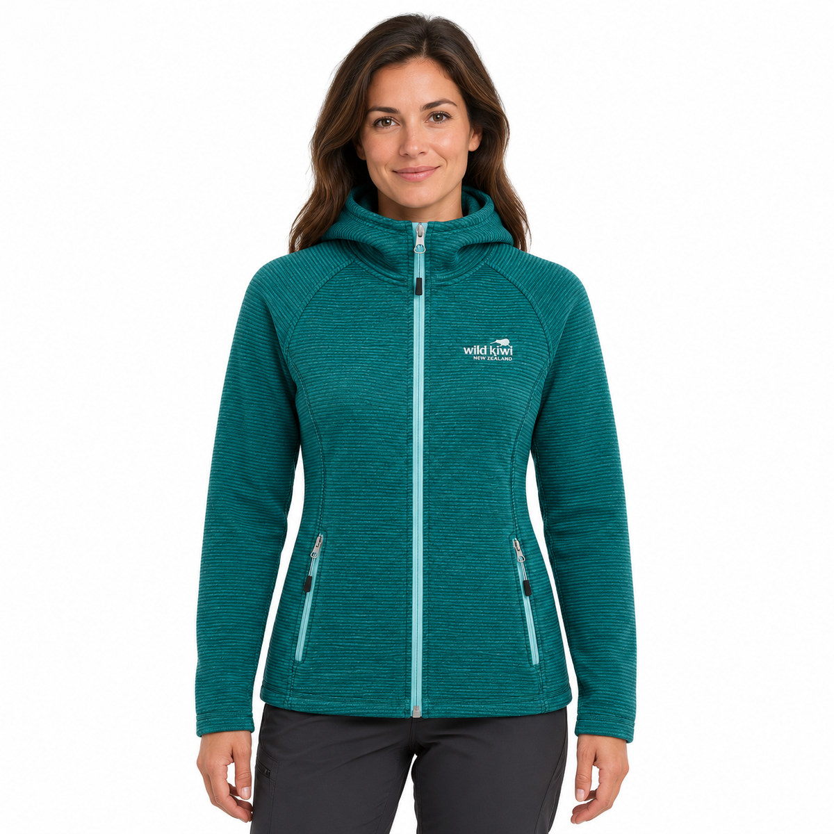 A woman wearing a teal heathered full-zip hooded jacket with zippered hand pockets, shown against a plain white background.