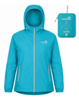 A bright turquoise hooded rain jacket shown front-facing on a white background, with a small inset showing the matching jacket packed inside a turquoise Wild Kiwi pouch. The jacket has silver zippers and a visible Wild Kiwi logo on the chest.
