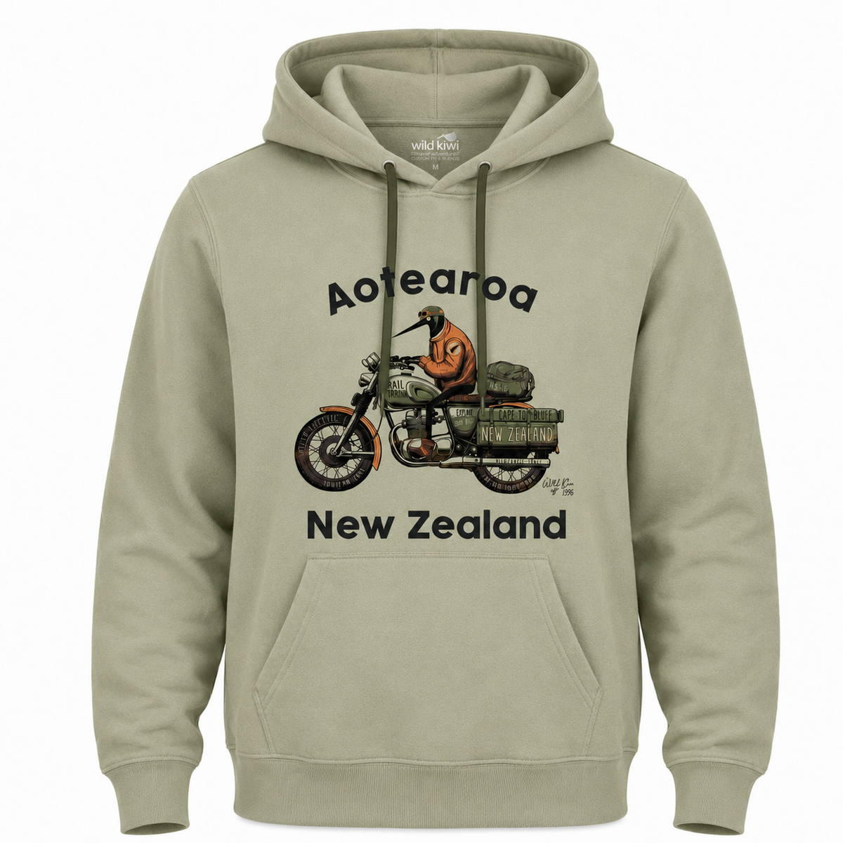 A light sage green pullover hoodie featuring a graphic print of a motorcycle with a person wearing a New Zealand flag jacket, with the text 'Aotearoa New Zealand' printed around it.