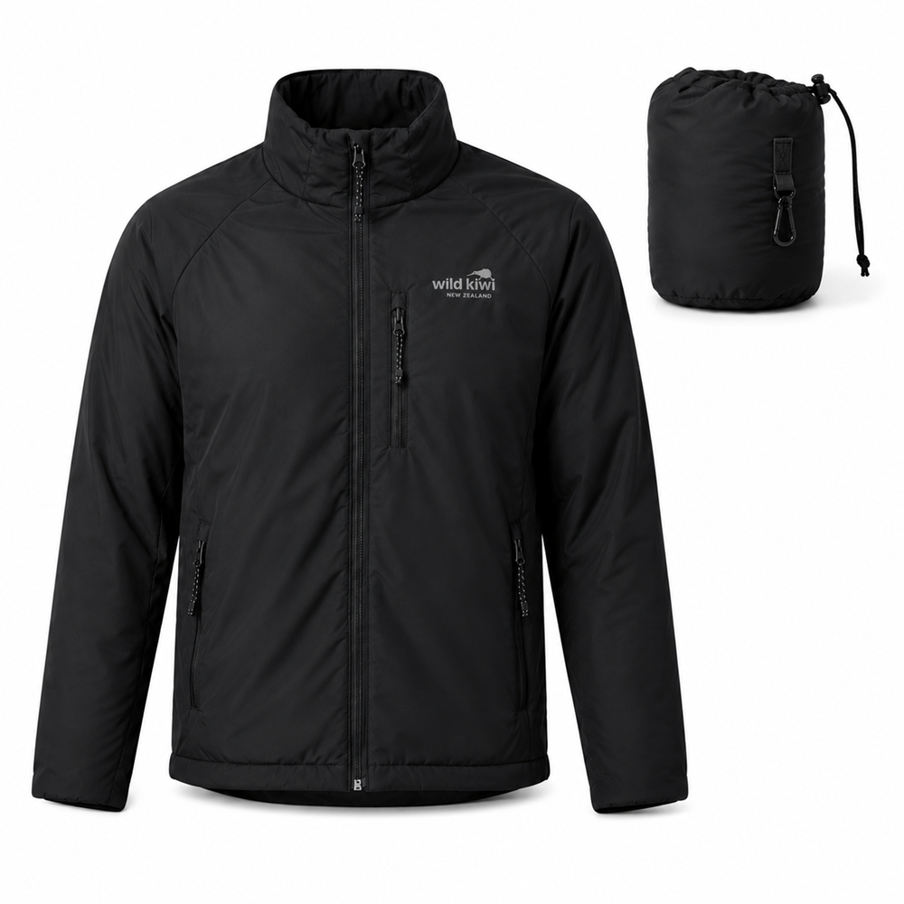 A black zip-front jacket with a stand collar and a small white 'wild kiwi' logo on the left chest, shown alongside its matching black drawstring storage pouch on a white background.