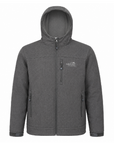 A dark gray heather fleece hooded jacket with a full front zipper, zippered hand pockets, and a small white embroidered logo on the left chest, shown against a plain white background.