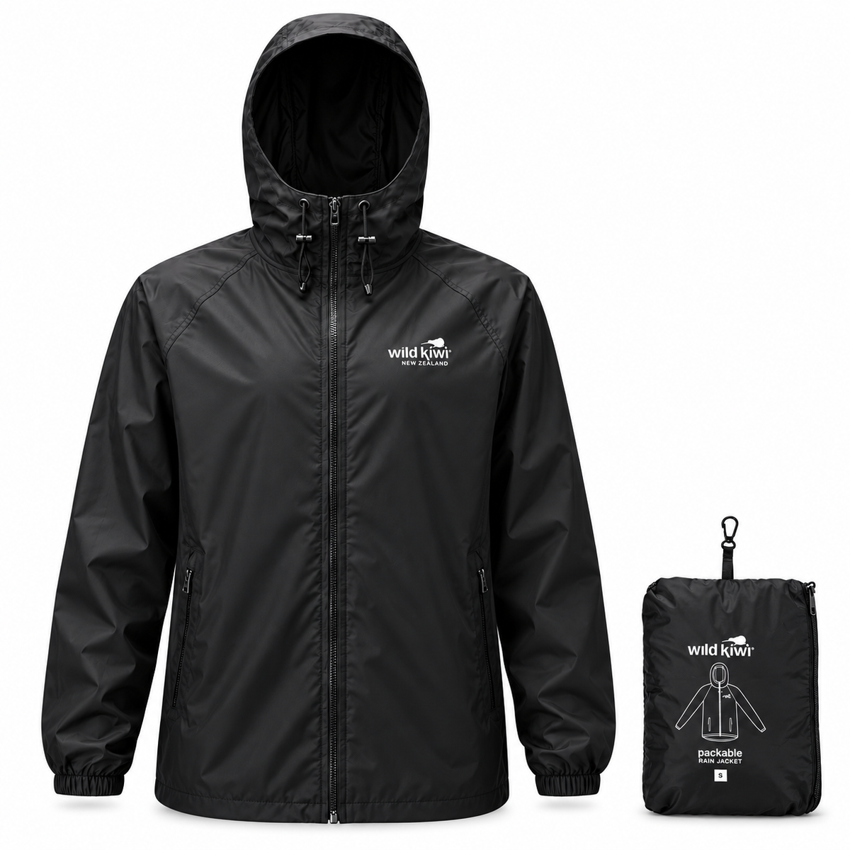 A black hooded waterproof jacket shown front-facing on a white background, alongside its matching black compact storage pouch with white printed branding and a small size label.