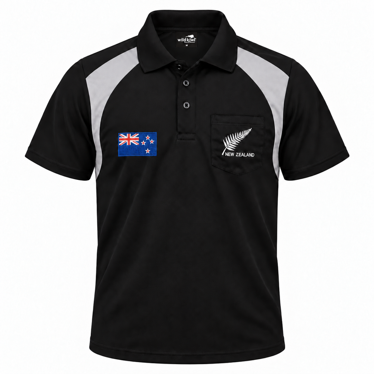 A black short-sleeve polo shirt with light grey shoulder panels and a white New Zealand fern logo on the chest pocket, shown on a plain white background.