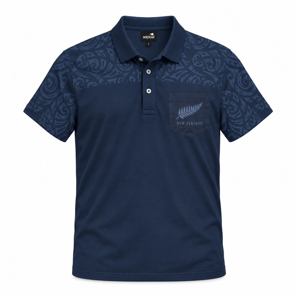 A navy blue short-sleeve polo shirt with a subtle tonal tribal pattern on the shoulders and sleeves, featuring a chest pocket with a silver fern logo and 'NEW ZEALAND' text, shown on a plain white background.